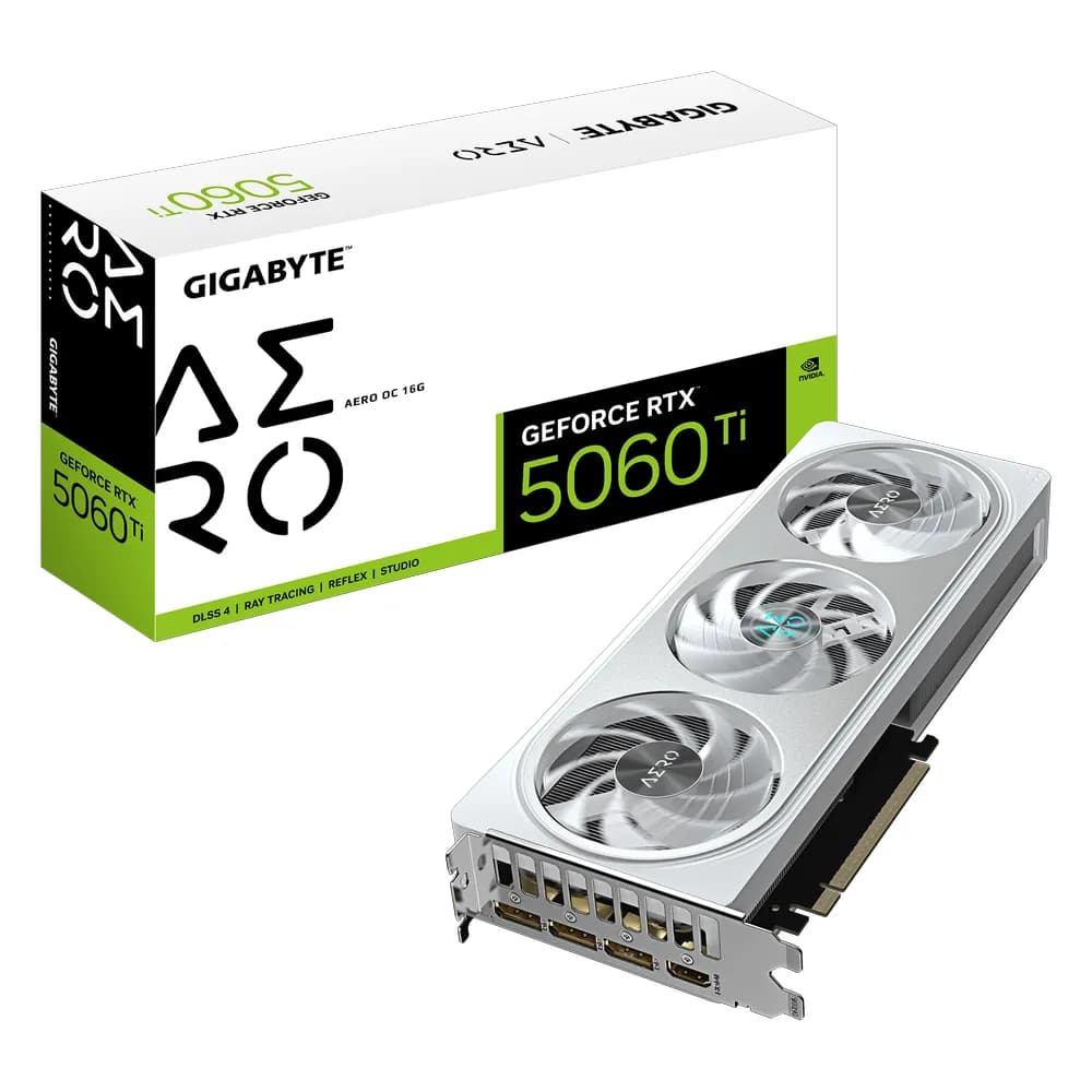 Gigabyte GeForce RTX 5060 Ti AERO OC Graphics Card, GDDR7 16GB 128-bit Memory, HDMI 2.1b & DP 2.1b Outputs, PCI Express 5.0, 2647 MHz Core Clock, 28 Gbps Memory Clock, Triple Windforce RGB Hawk Fans, Dual Bios, White, 1 Year Warranty | GV-N506TAEROOC-16GD